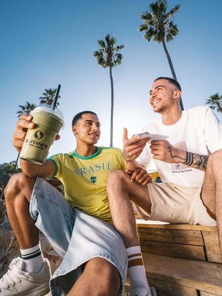 iced coffee, cold coffee, coffee drink, iced beverage, green tea latte, matcha latte, brand awareness, lifestyle, energetic, fresh, blue, neutral, yellow